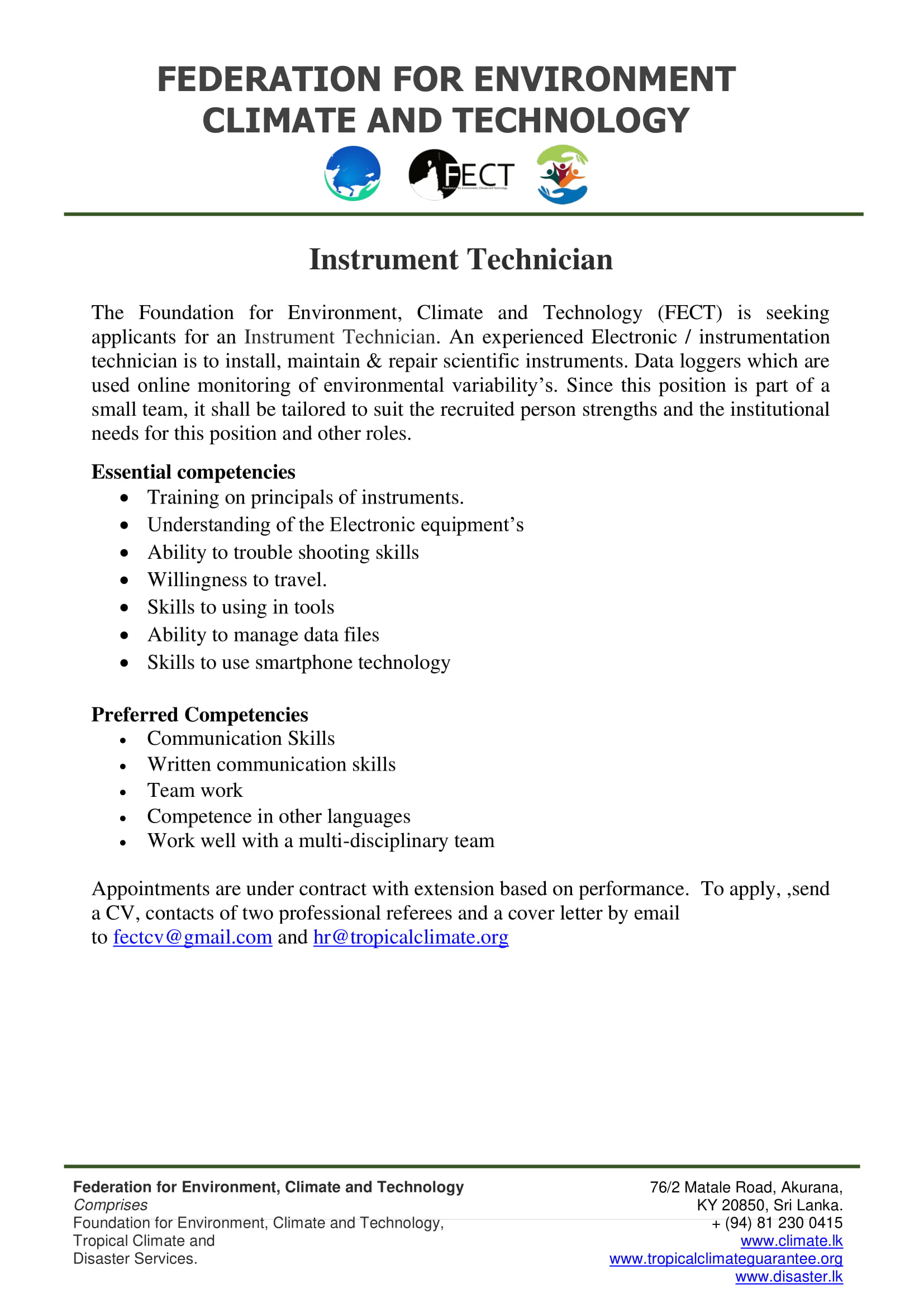  Vacancies are open for Instrument Techniciant